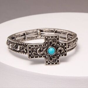 Filigree Western Turquoise Cross Stretch Bracelet OS